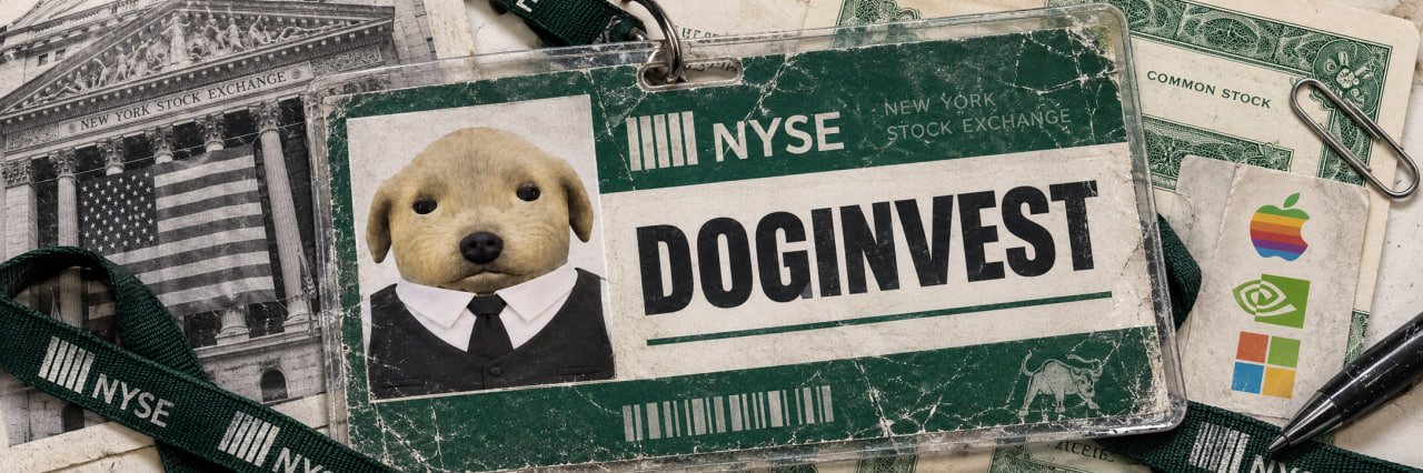 A worn NYSE floor pass reading DOGINVEST with the dog's photo, on a desk of lanyards and old stock certificates