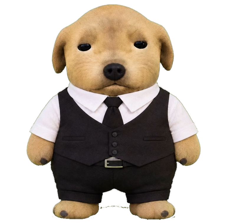 DOG IN VEST: a tan plush dog in a white shirt, black tie and black waistcoat. On scroll he opens the vest to show a lining of embroidered S&P 500 ticker patches.