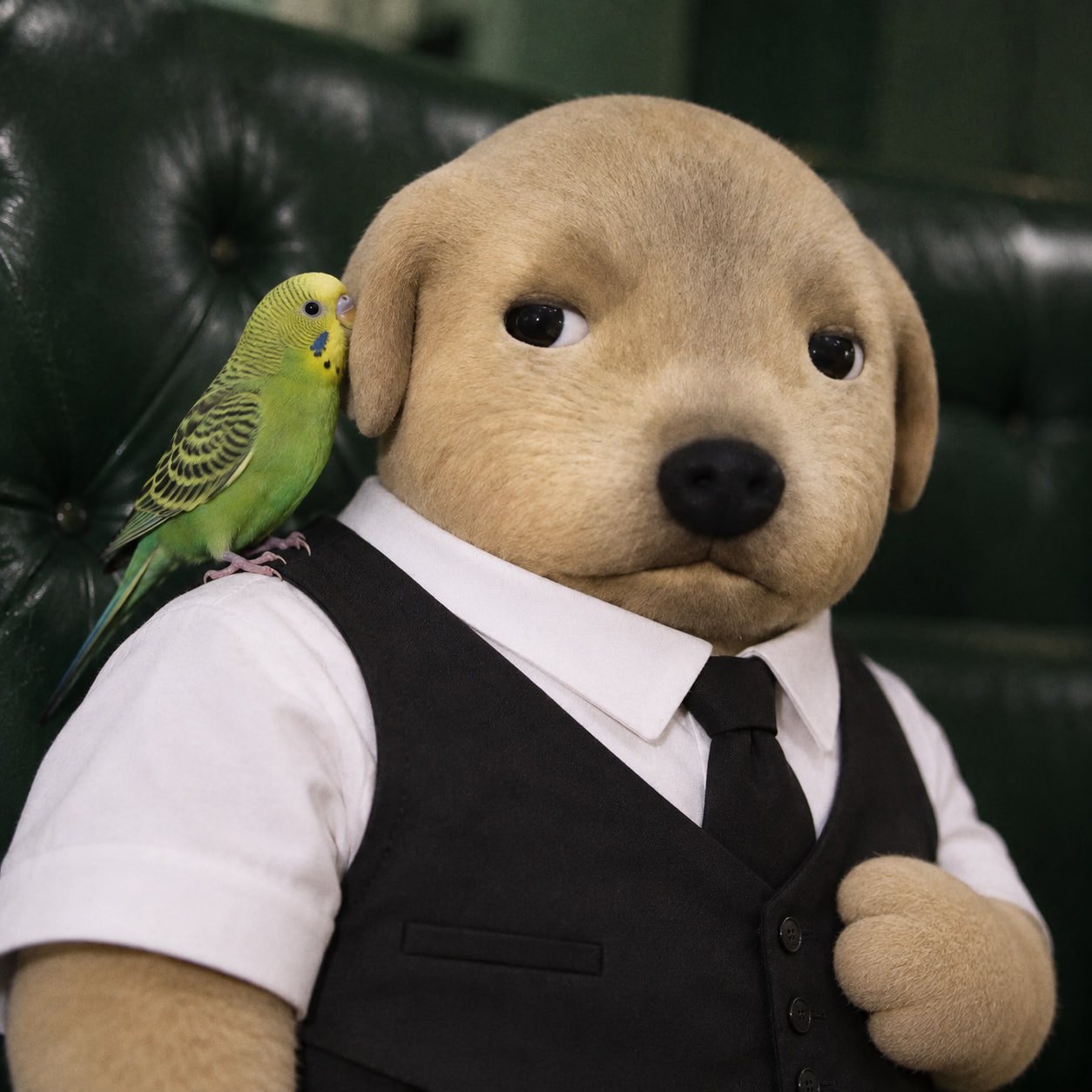A green budgie perched on the shoulder of the dog in his vest