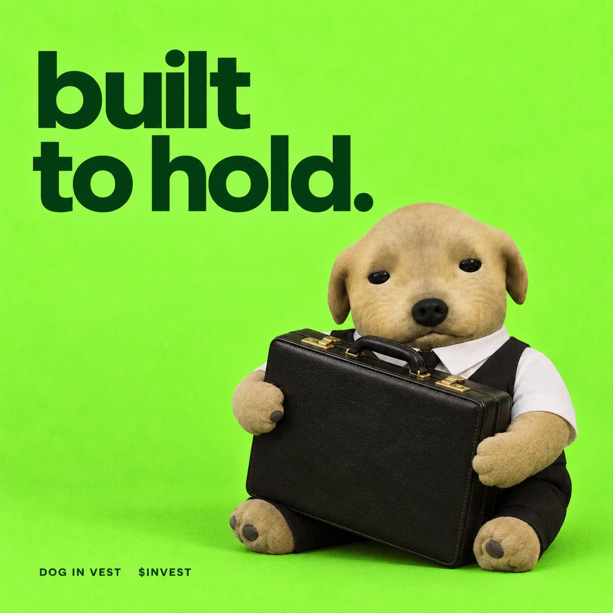 Poster: built to hold. The dog hugs a briefcase on a lime background