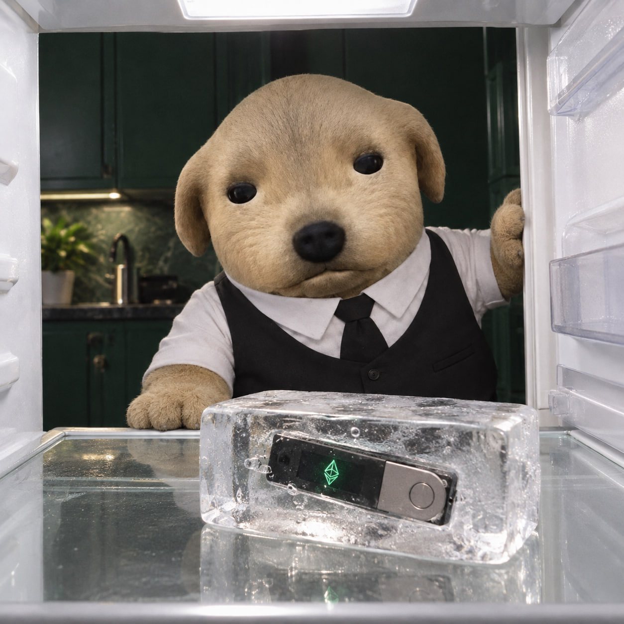 The dog looks into a fridge where a hardware wallet sits frozen inside a block of ice