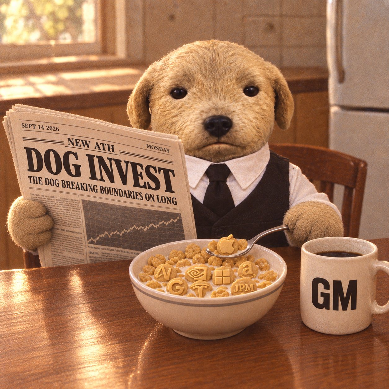 The dog at breakfast reading a newspaper headlined DOG INVEST, a bowl of ticker-shaped cereal and a mug that says GM
