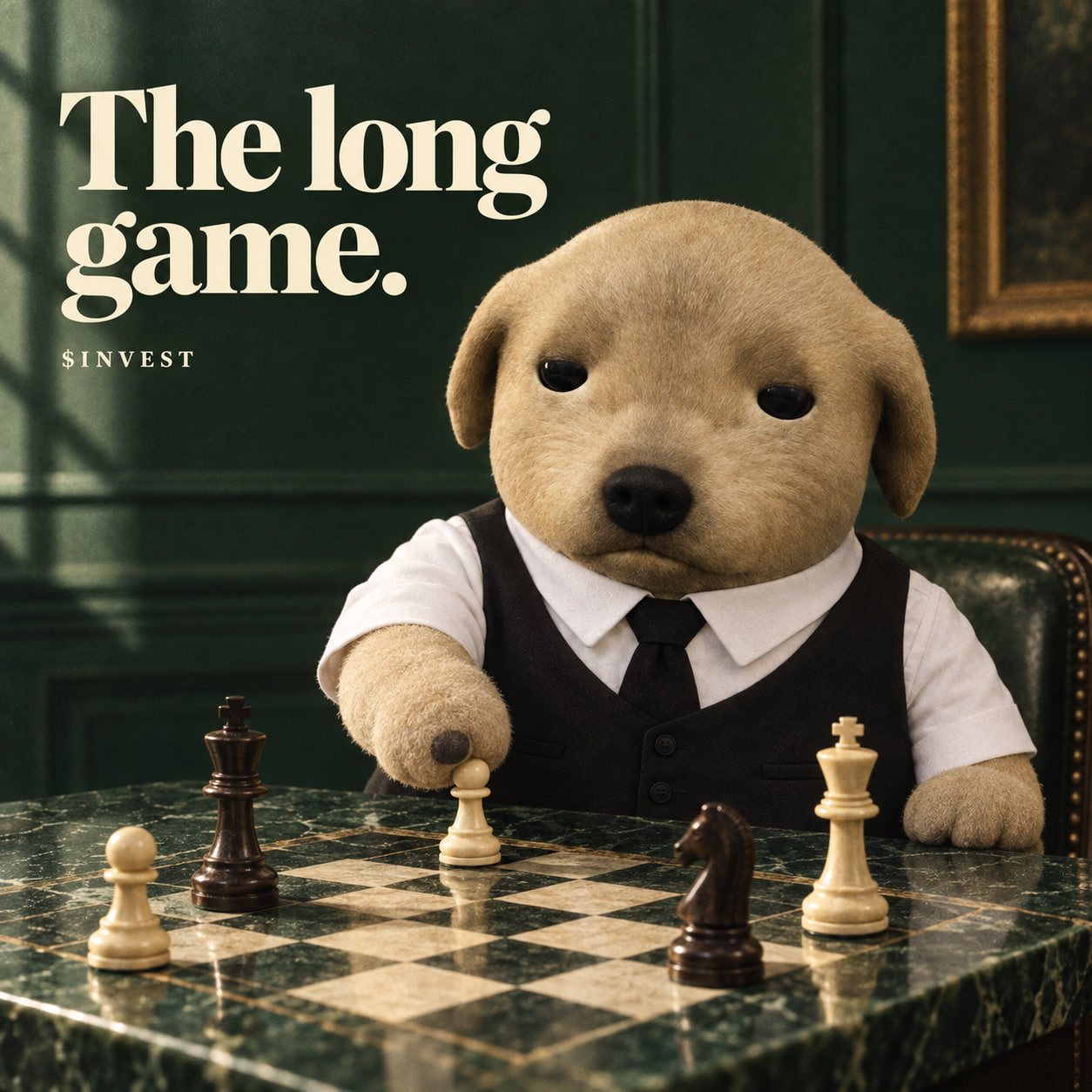 Poster: the long game. The dog moves a pawn on a marble chessboard