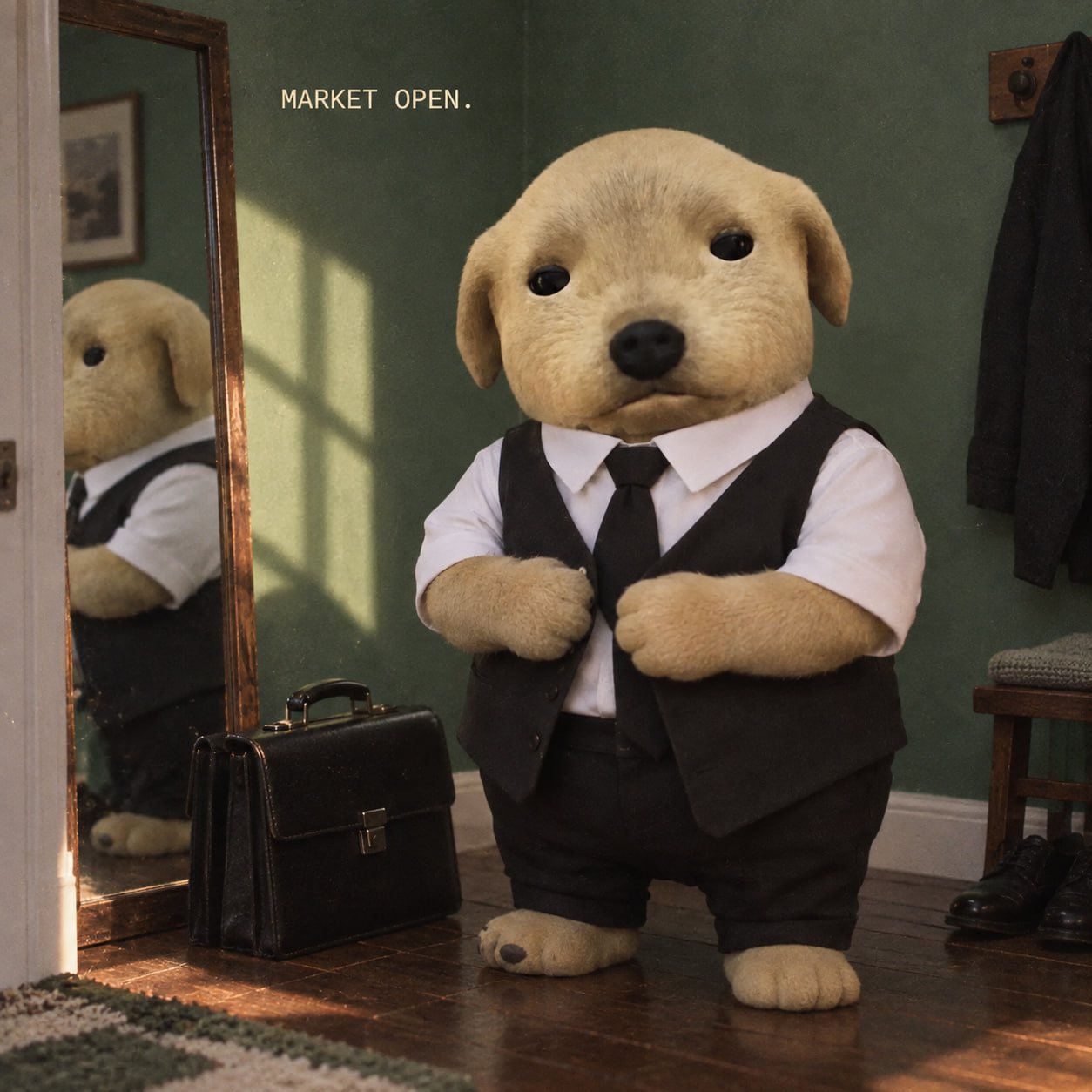 The dog fastens his vest in front of a mirror, briefcase on the floor. Caption: MARKET OPEN.