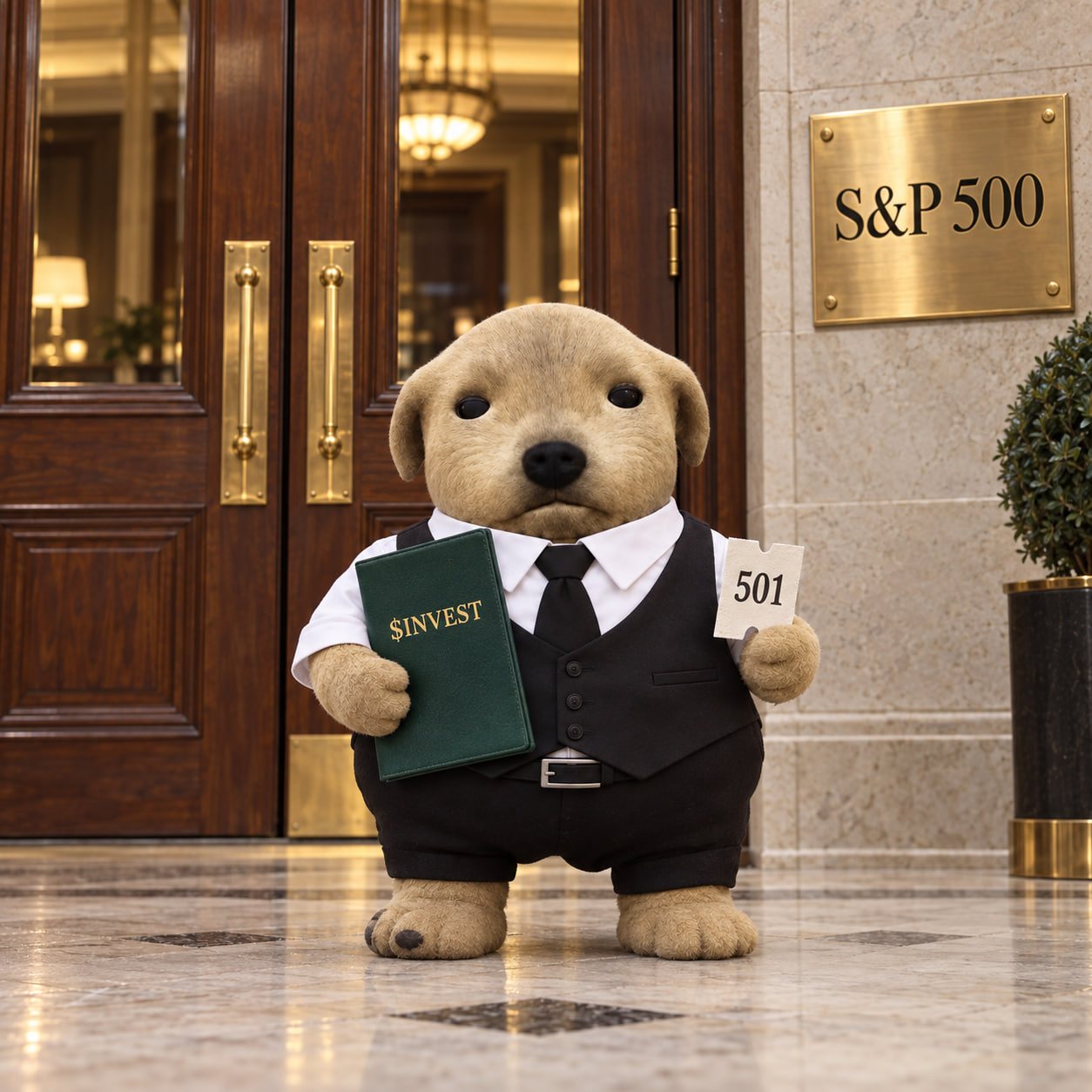 The dog outside an S&P 500 office holding a green $INVEST folder and a ticket numbered 501