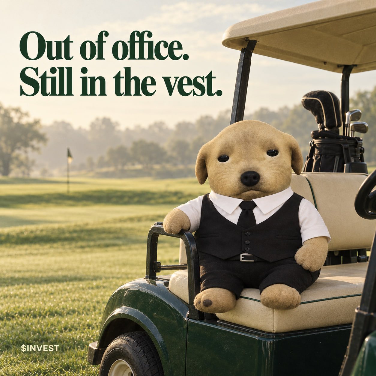 Poster: the dog in a golf cart at dawn, still wearing the vest