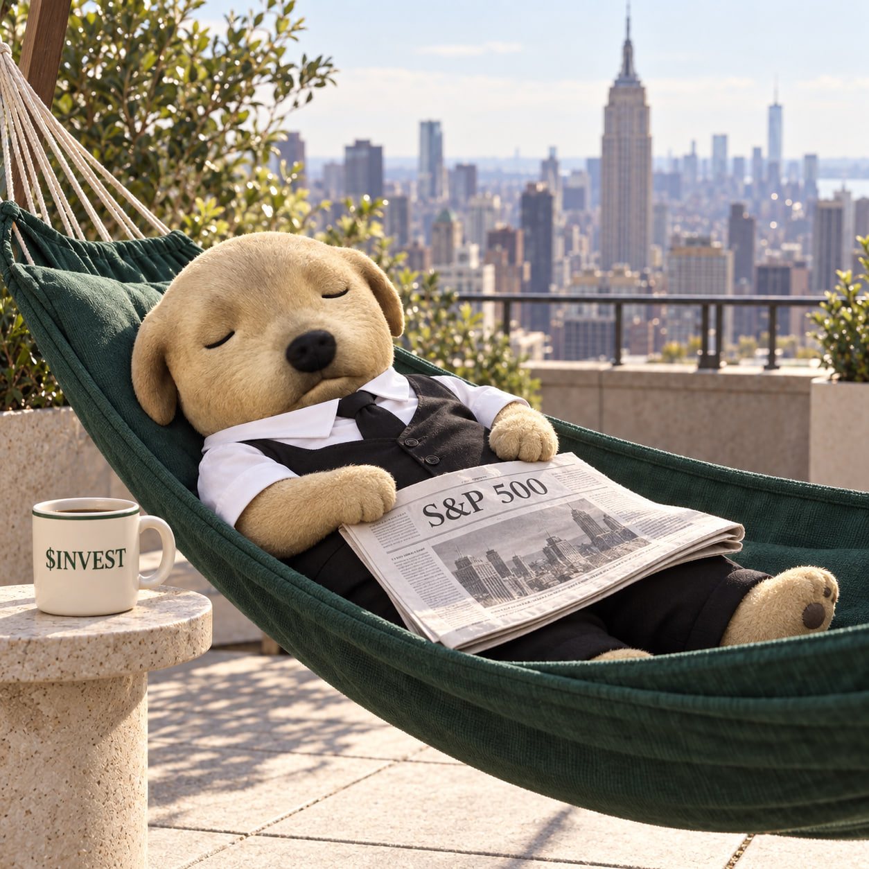 The dog asleep in a hammock above the city skyline, an S&P 500 newspaper on his chest and a $INVEST mug beside him