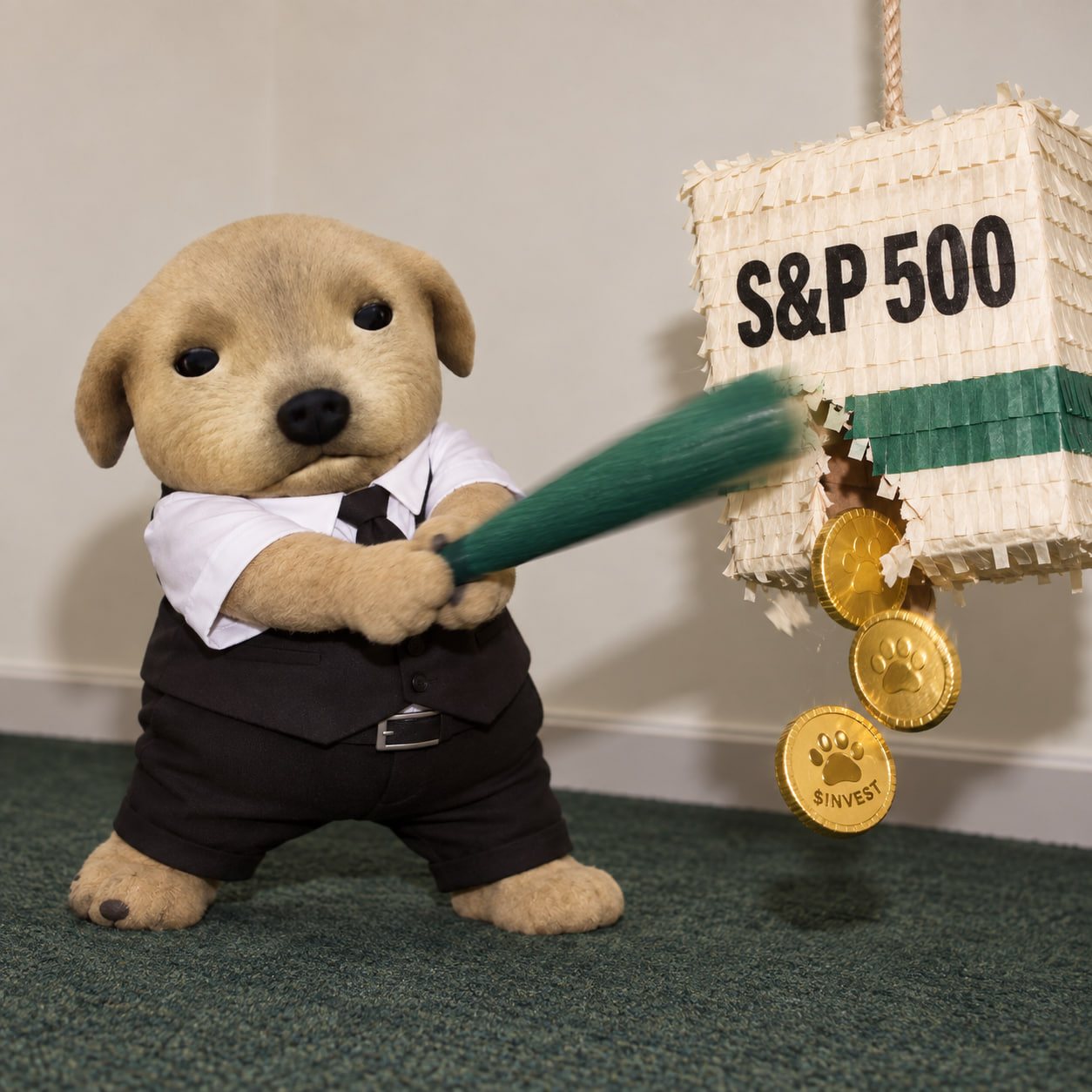 The dog swings a bat at an S&P 500 piñata; gold $INVEST coins fall out