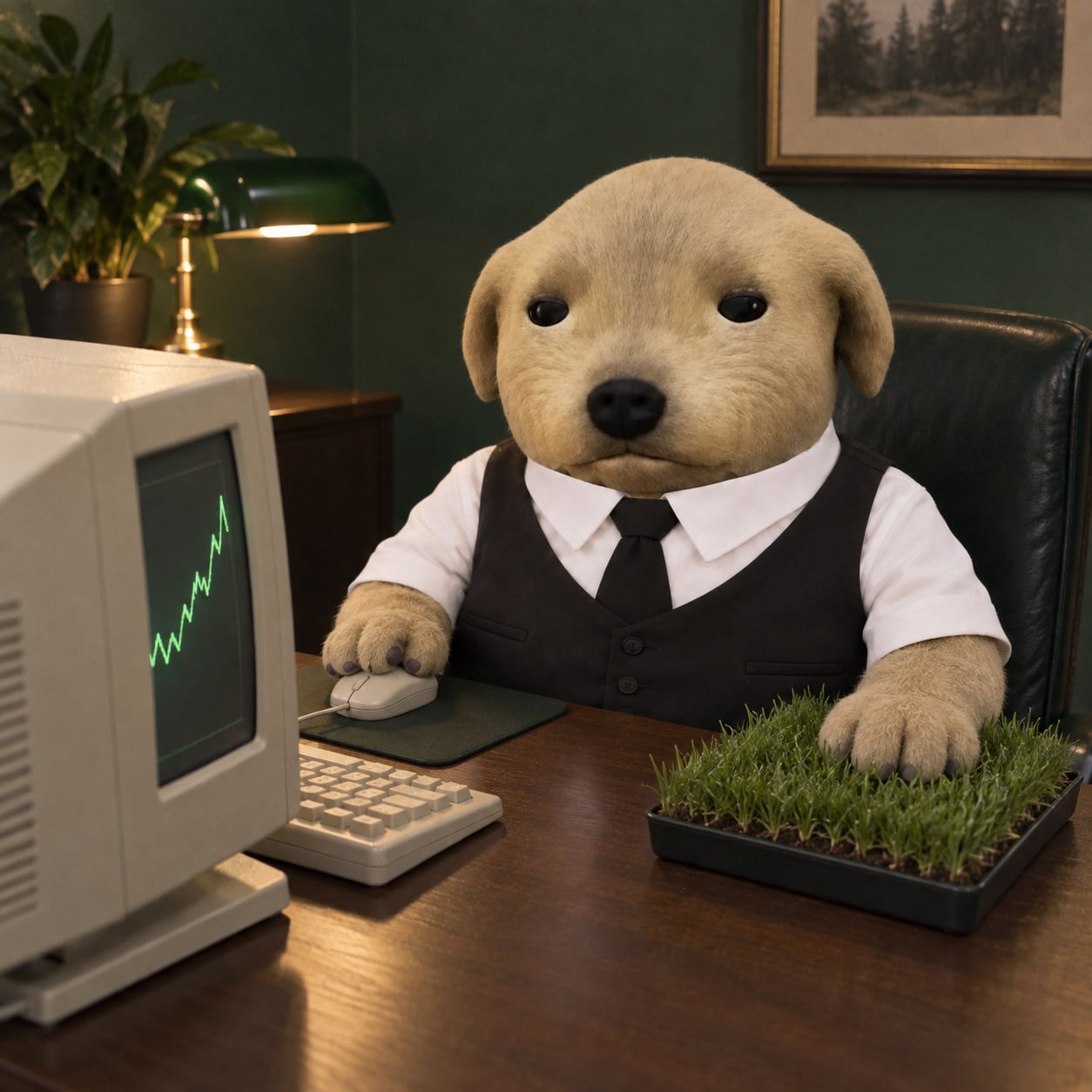 The dog at a desk with a retro computer showing a rising chart, one paw resting on a tray of grass