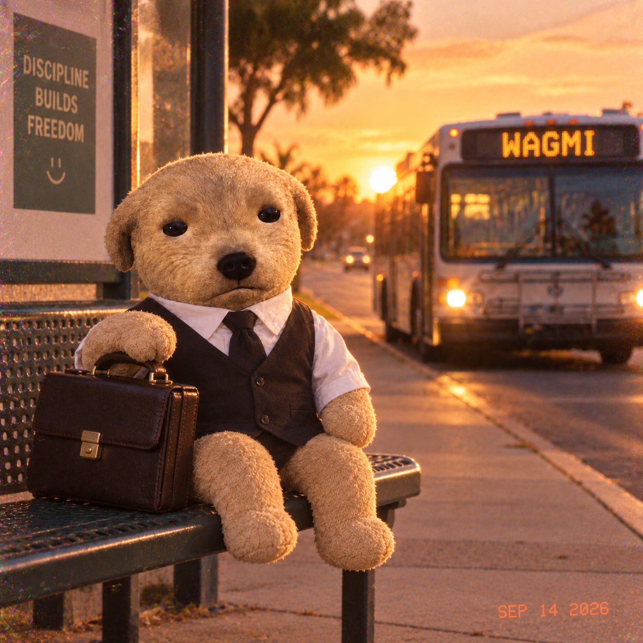 The dog waits at a sunset bus stop with his briefcase; the bus display reads WAGMI